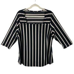 Adrianna Papell Square Neck Top Shirt Plus Sz 1X Black Tan Stripes 3/4 Sleeves